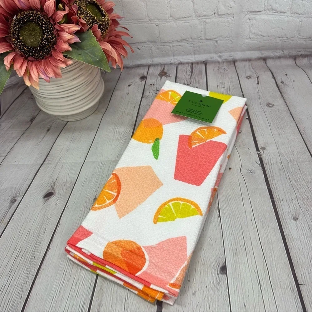 NWT Kate Spade Citrus Print Kitchen dish Towels 2pc lemon orange beach